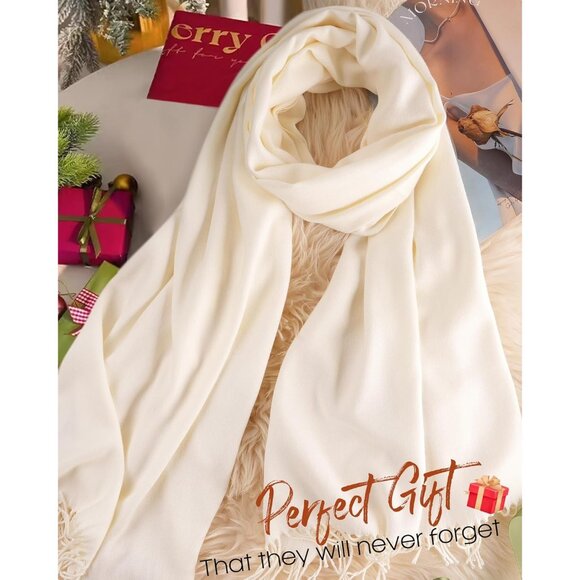 Women's White Pashmina Shawl Wraps Cashmere Feel Winter Scarf Soft Warm Blanket - Picture 8 of 8
